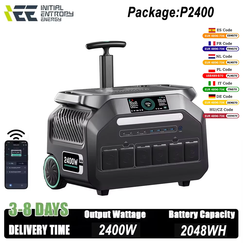 IEE P2400 2400 W tragbares Kraftwerk 2048 Wh LiFeP04 Camp Solargenerator APP-Steuerung mit Beleuchtung EU AC-Eingang/Ausgang PV Inupt