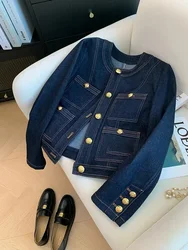 Blue Denim Top Women Autumn Classic Style Short Coat New Korean Fashion Chic Pockets O-Neck Female Ropa De Mujer Loose Jackets