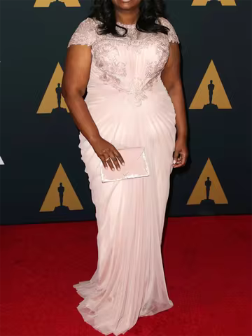 Elegant O-Neck Appliquins Beads Pleat Straight Formal Evening Dresses Celebrity Dress Customized