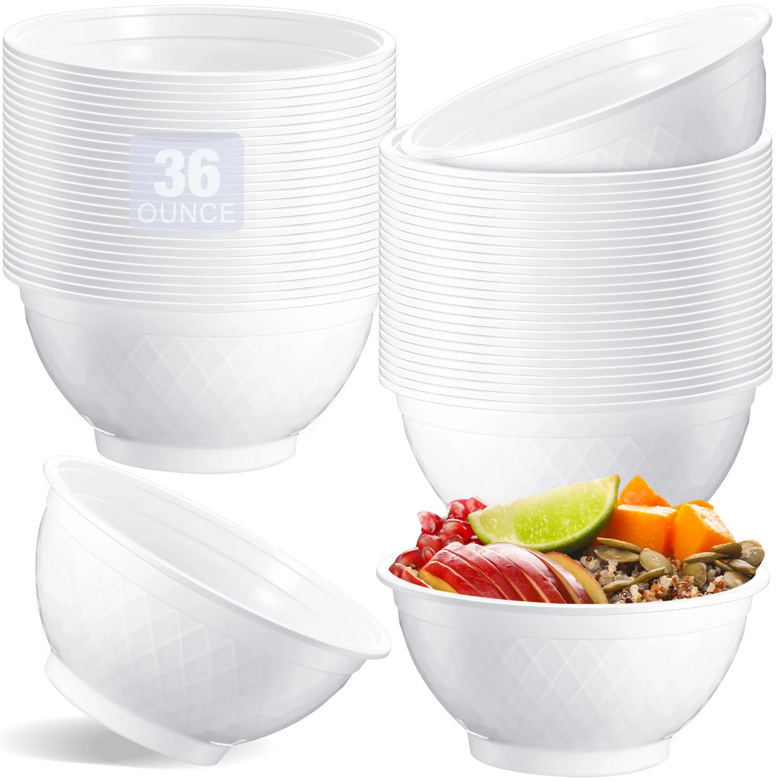 100 Pack 36oz White Disposable Plastic Bowls Soccer Texture Plastic Salad Bowls Large Stackable Serving Soup Microwave Safe