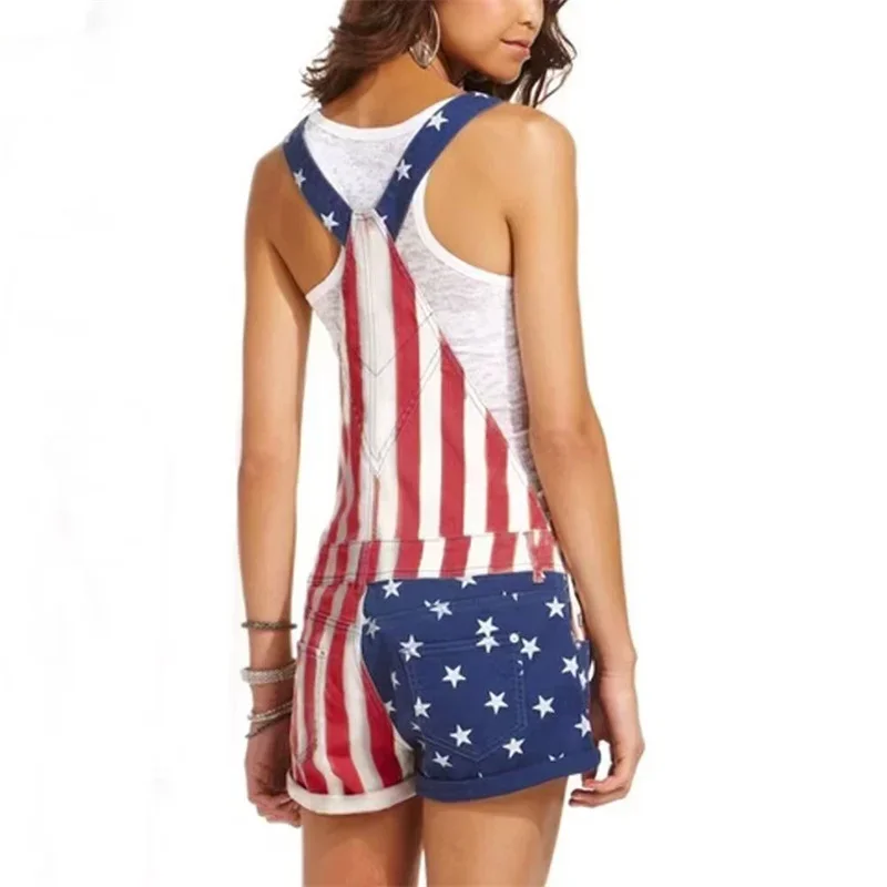 New Independence Day Flag Motifs Strap Pants Women Large Pocket Jumpsuit Shorts Female Rompers One-piece Pants Holiday Clothing