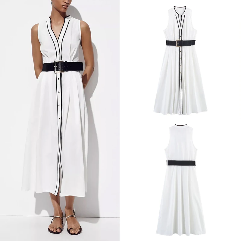 Vestido Midi F de Verão Novo Estilo com Decoração de Borda em Bloco de Cores, Saia em Camadas de Seda com Cintura Alta...