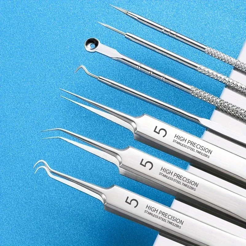 8pc Ultra Fine Acne Tweezers Set - Stainless Steel Blackhead Remover, Precision Pimple Extractor for Professional Facial Care