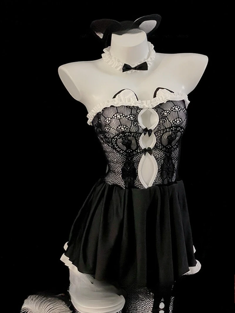 

Сексуальный леопардовый кружевной костюм горничной, женская ночная рубашка с открытыми плечами в стиле Pure Desire, милый костюм для косплея для девочек-кошок, романтический элитный костюм