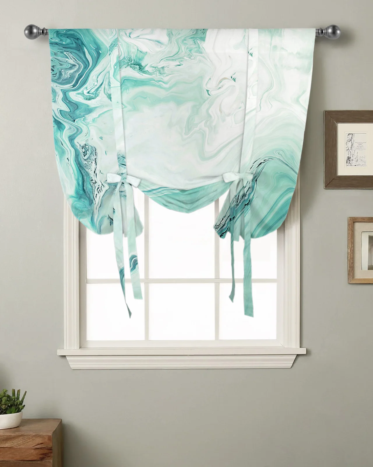 

Marble Fluid Texture Blue Green Kitchen Short Window Curtain Rod Pocket Curtains Home Decor Small Window Roman Tie Up Curtains