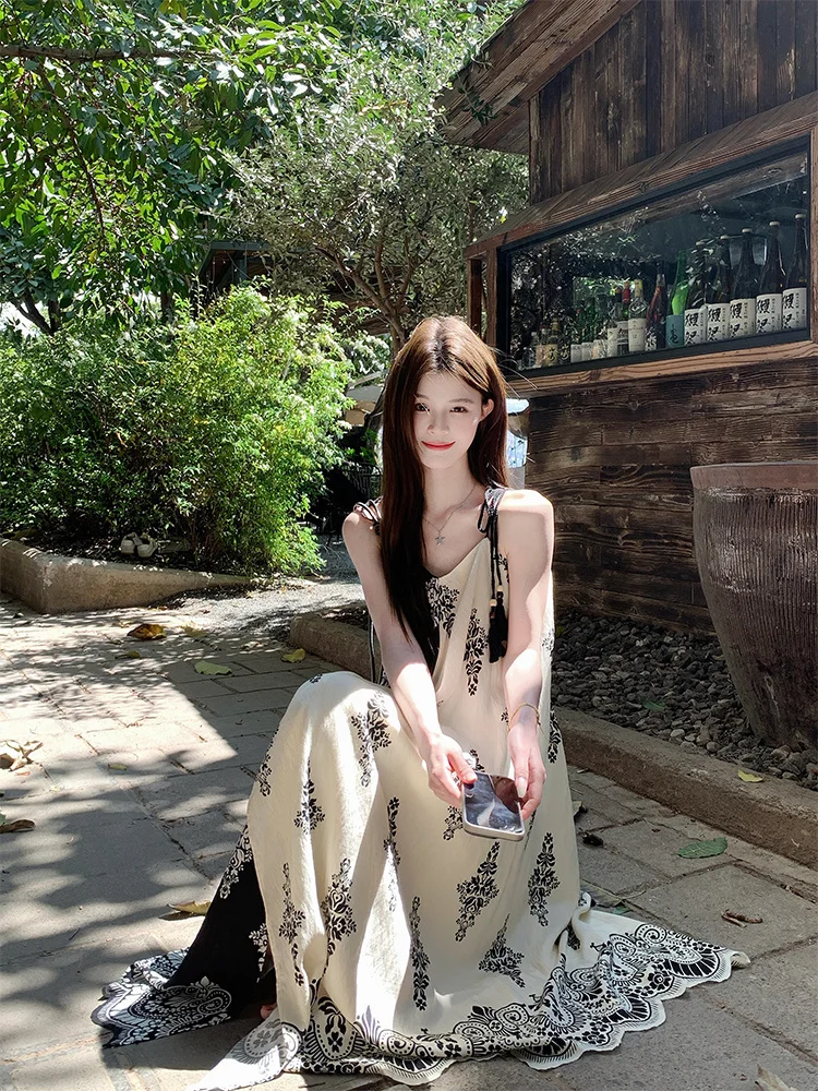 Vakantiestijl Geblokkeerde kleur bedrukte losse jurk 2025, zomer nieuwe dames casual lange onregelmatige jurken, Boho vakantie strandjurken