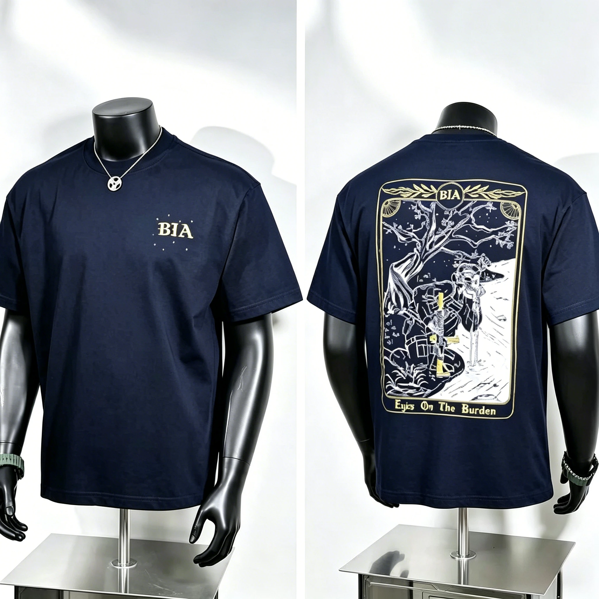Outdoor Mission‑style Unisex T‑Shirt, Two‑sided Graphic with BIA Chest Logo and Eyes on The Burden Tarot Figure Print