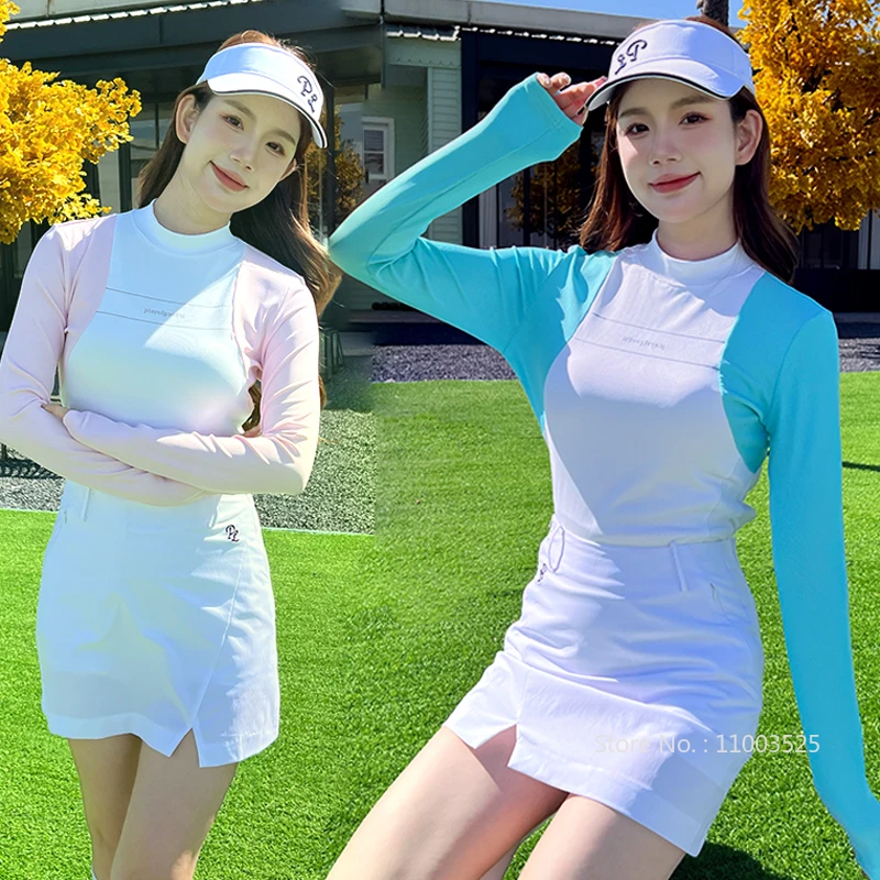 PL Golf Women Elastic Long Sleeve T-shirt Quick Dry Round Neck Top Split Short Skirt Slim Sports Golf Pencil Skorts Sunscreen