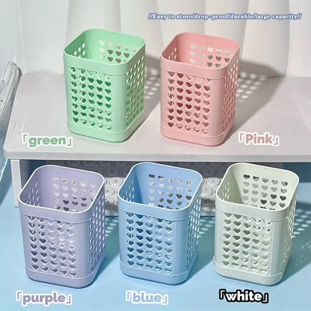 Simple Plastic Pen Holder Hollow-out Pattern Large Capacity Pencil Cup Square Makeup Brush Holder Students