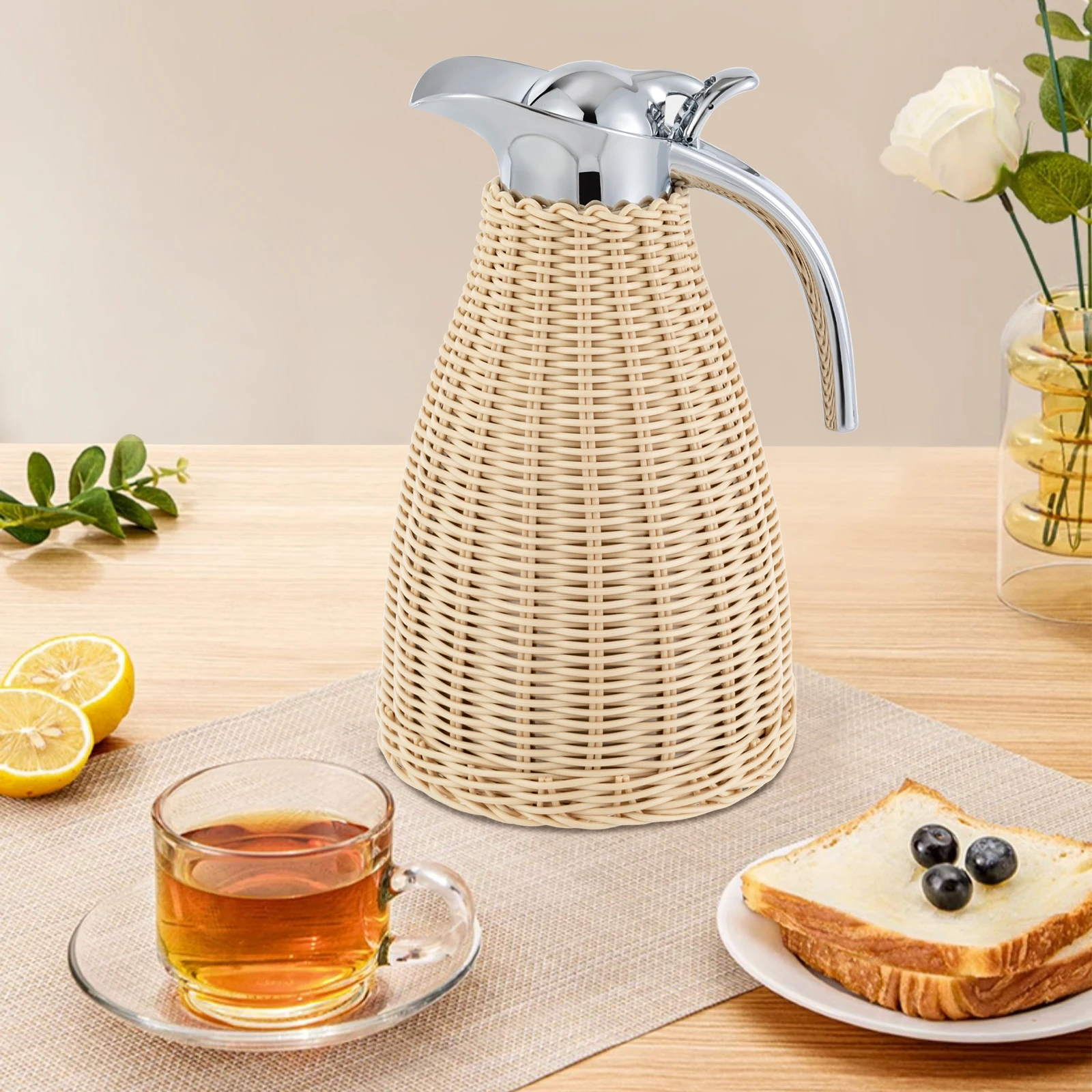 

Rattan Thermal Jug 1.5L, Vacuum Insulated Stainless Steel Coffee/Tea Server with Push-Button Dispenser