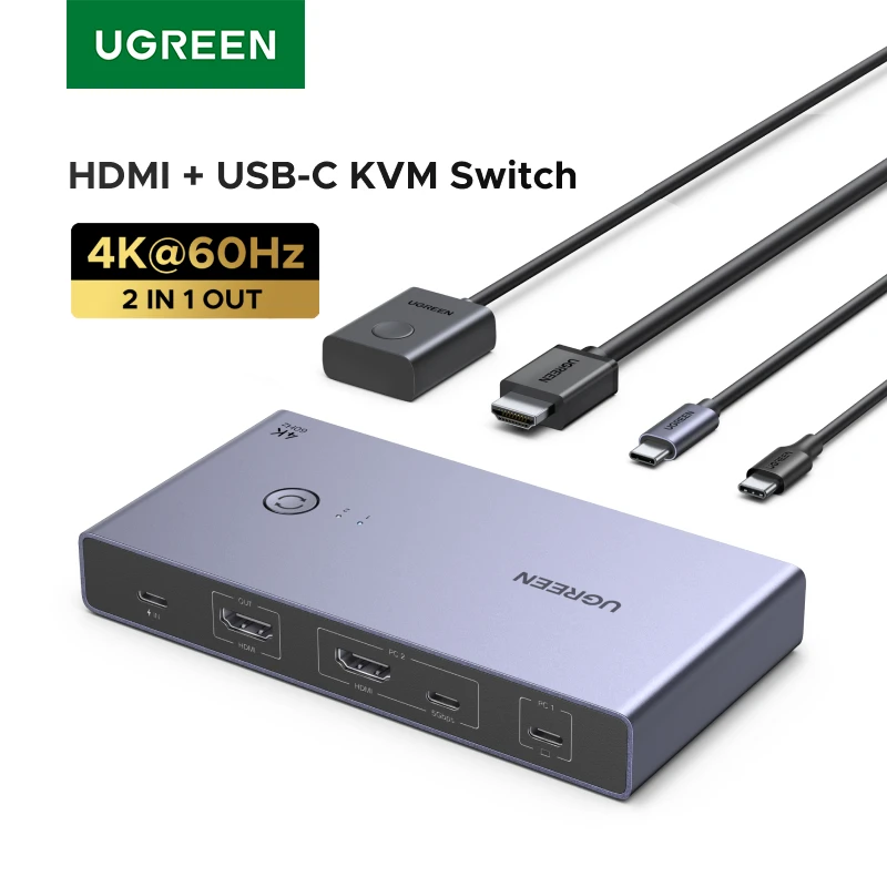 

UGREEN USB C HDMI KVM-переключатель 4K 60 Гц 2 в 1 выход USB 3.0 Совместный монитор Клавиатура Мышь для ноутбука Настольная док-станция