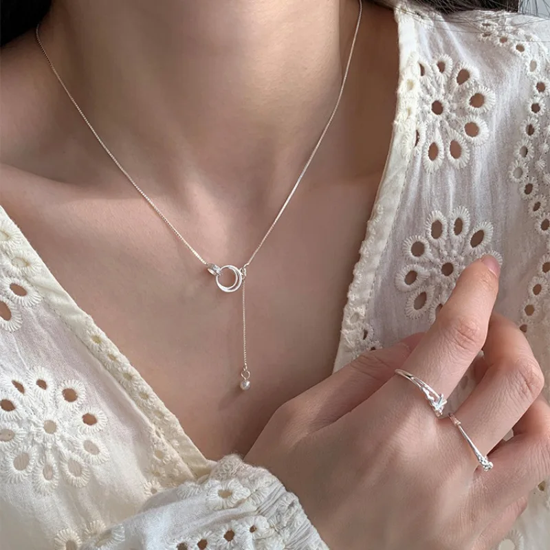 PANJBJ 925 Sterling Silver Geometry Pendant Necklace for Women Girl Hollow Out Tassels Bead Jewelry Party Gift Dropshipping