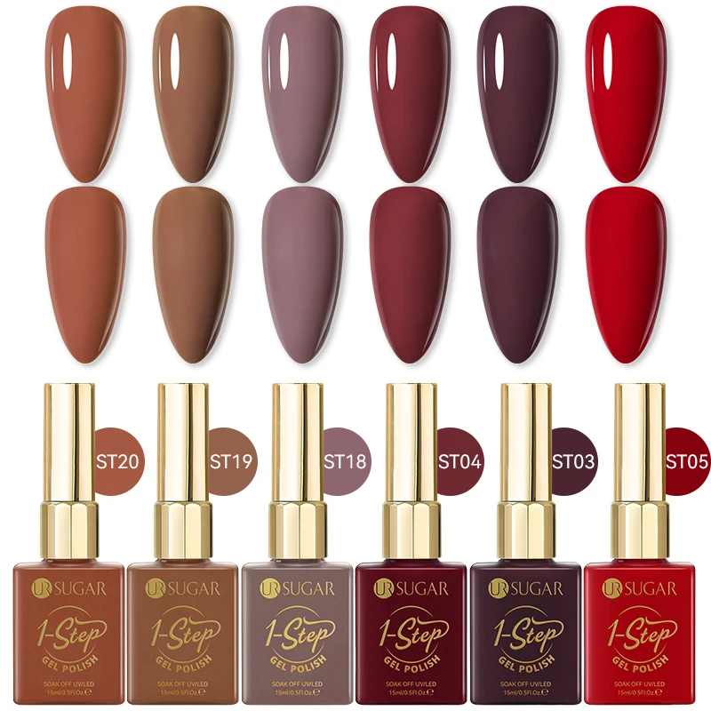 

UR SUGAR 6PCS 1-Step Gel Nail Polish Set Brown Red Autumn Nail Art Semi Permanent Soak Off UV Gel Varnish No Base Top Coat Neede