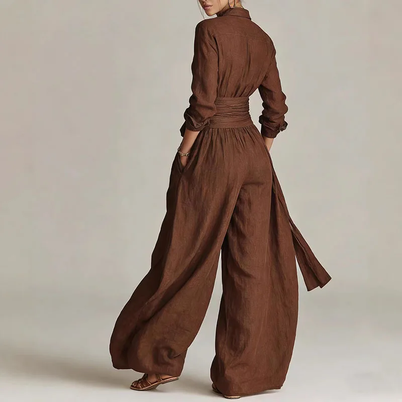 

2026 Spring Long Sleeve Solid Women's Suit Elegant Turn-down Collar Button Shirt & Lace-up Pants Set Casual Slim Vacation Outfit