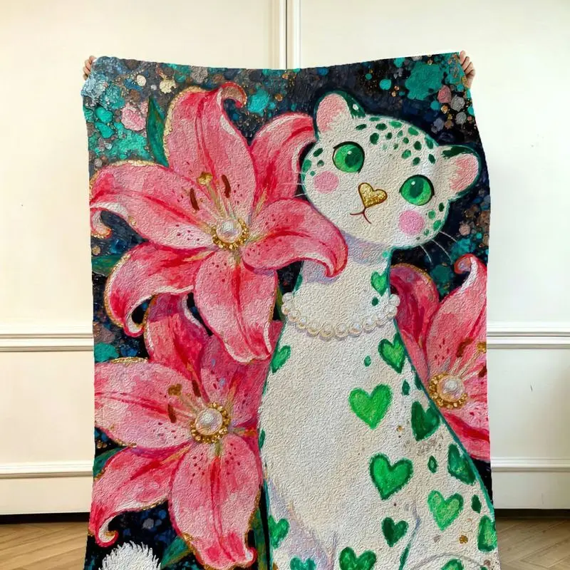 VIKAMA Heart Spotted Leopard Flannel Throw Blanket Pink Lily Oil Painting Print Soft Warm Sofa Bedroom Aesthetic Decor Gift