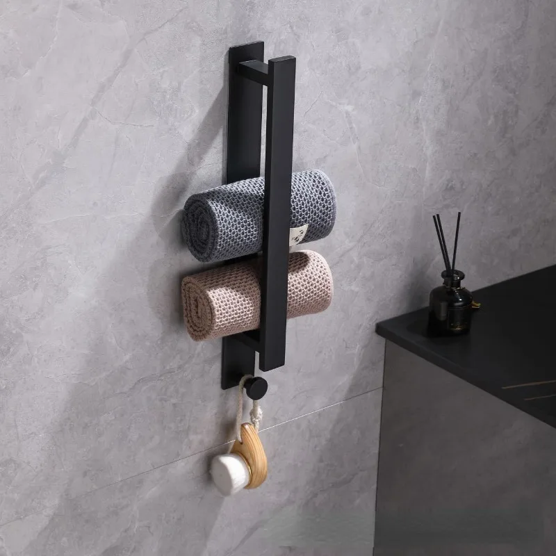 Sleek Black Stainless Steel Towel Bar Modern No-Drill Wall-Mounted Rack with Hooks for Bathroom Storage Towel Holder Towel Racks