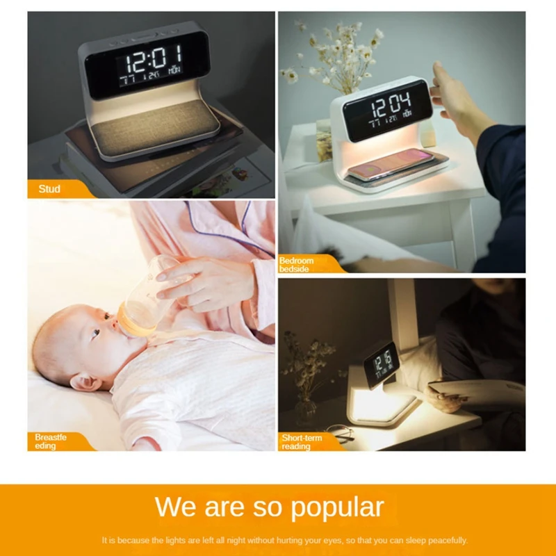 Reloj despertador con carga inalámbrica y luces, estación de carga de reloj despertador digital regulable para dormitorio, mesita de noche, oficina, duradera
