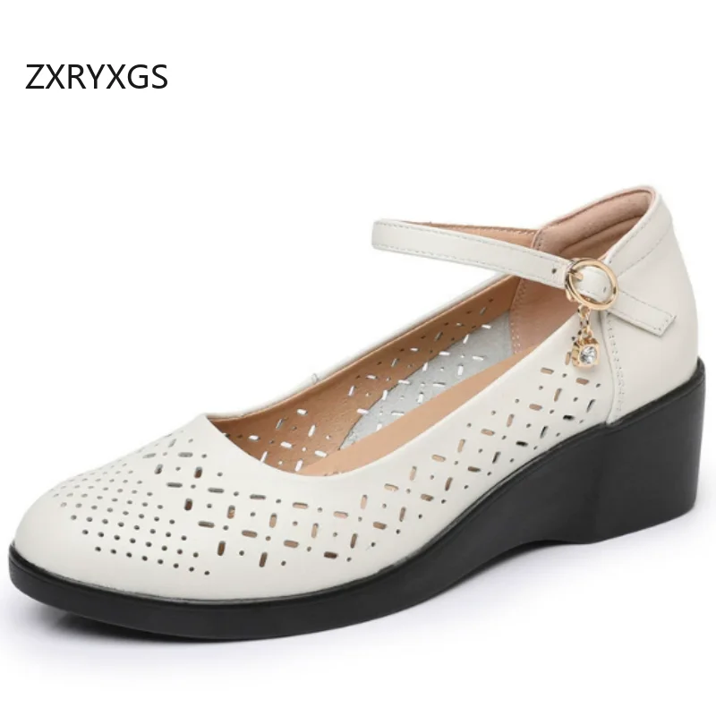

ZXRYXGS 2026 New Spring Summer Mid Heels Wedges Sandals Breathable Top Cowhide Hollow Women Fashion Shoes Banquet Large Size 43