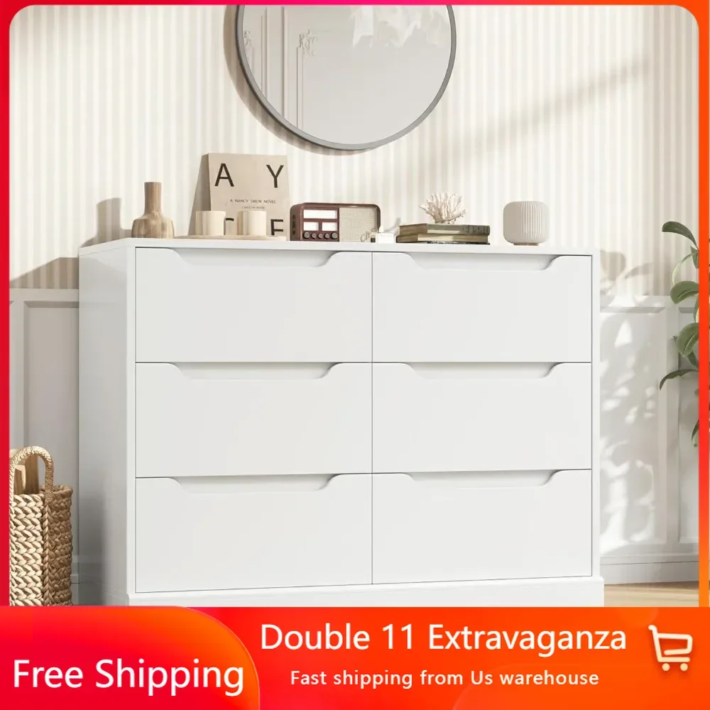 Modern 6-drawer Filing Cabinet, Wooden Storage Container with Hollow Handles, Living Room Specific Storage Cabinet, White