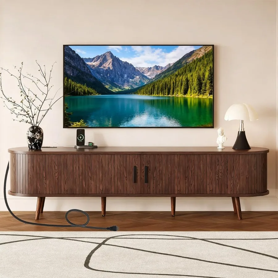 

70 TV Stand with Power Outlet for Living Room Media Console with Charging Station TV Console with Sliding Tambour Door Entertai
