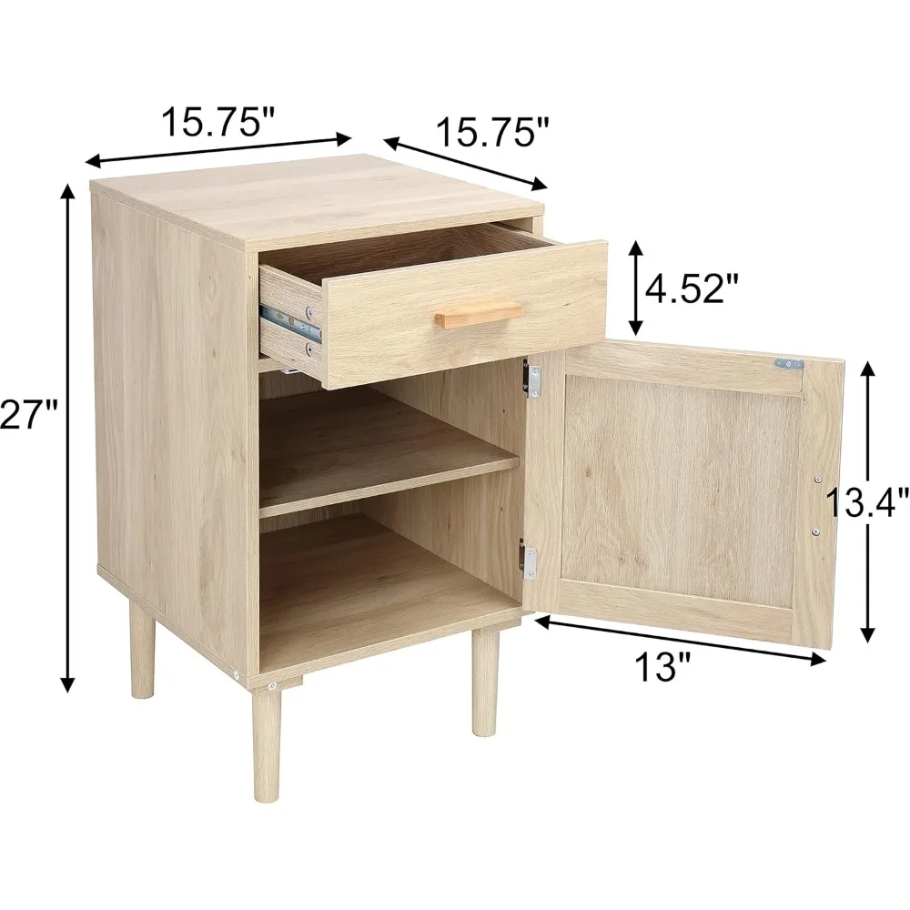 Nightstands Set of 2, Bedside Table Set of 2 with Drawer and Shelf, Hand Made Rattan Decorated Doors,  with Storage 2Pack