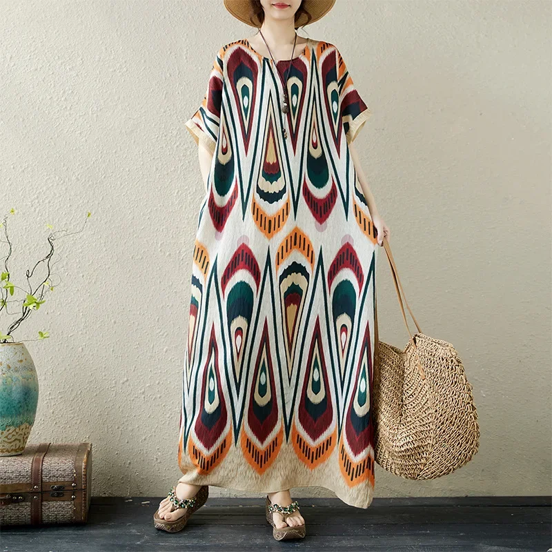 

2024 Summer Round Neck Fragrant Cloud Yarn Art Large Size Loose Bohemian Vacation Style Beach Skirt Long Robe