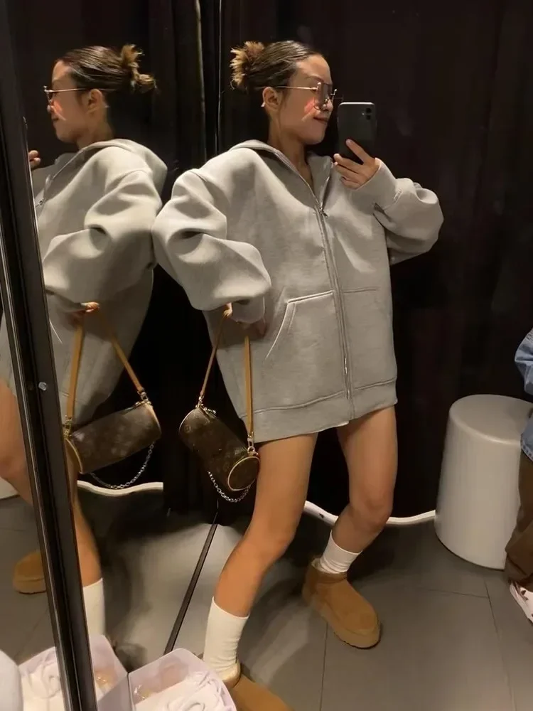 Autumn Winter Warm Long Jacket With Hood Long Sleeve Zipper Gray Bomber Jacket Y2k Women Casual Outerwear Coat Tops Streetwear