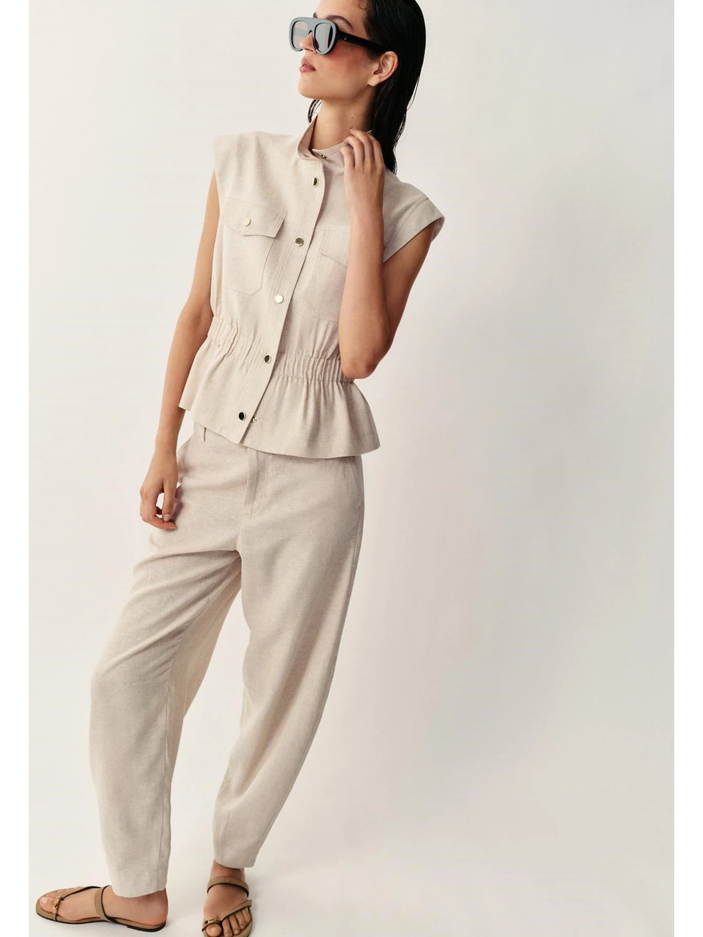 Decorative Bucket Vest without Sleeves Stand Collar Flip Cover Pocket mid Waist Zipper Style Long Pants Fashion Set for Women