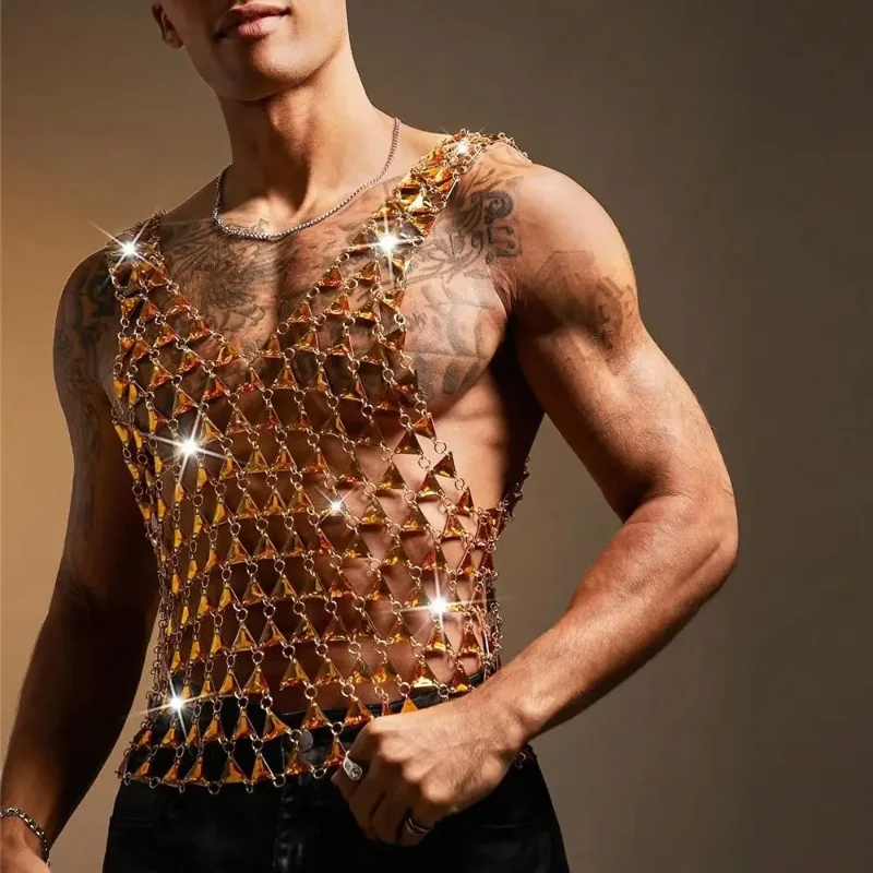 

Мужской блестящий жилет с золотыми блестками, мужская сексуальная прозрачная майка, легкая сетчатая цепочка, модный топ для праздничной дискотеки и вечеринки