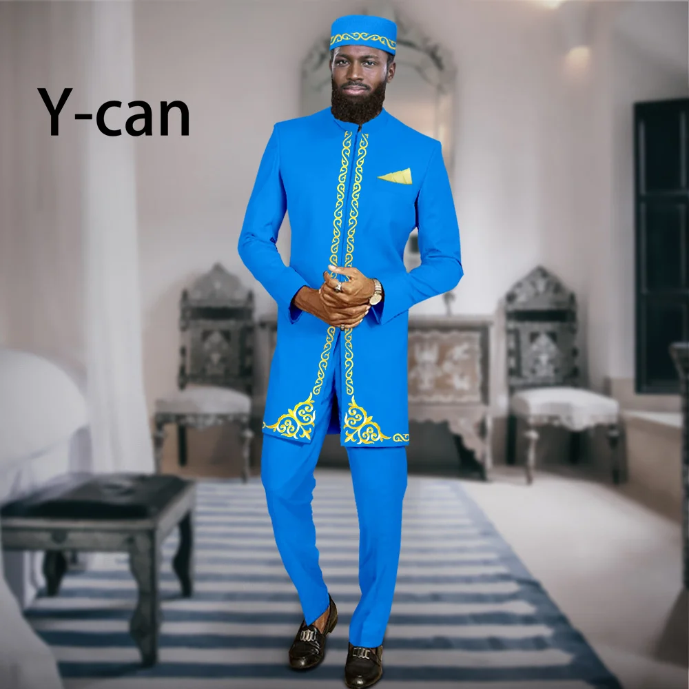 

Dashiki African Suits for Men Slim Fit Set Embroidery Jacket and Trousers Muslim Caps Blazer Bazin Riche Attire Wedding A2316066