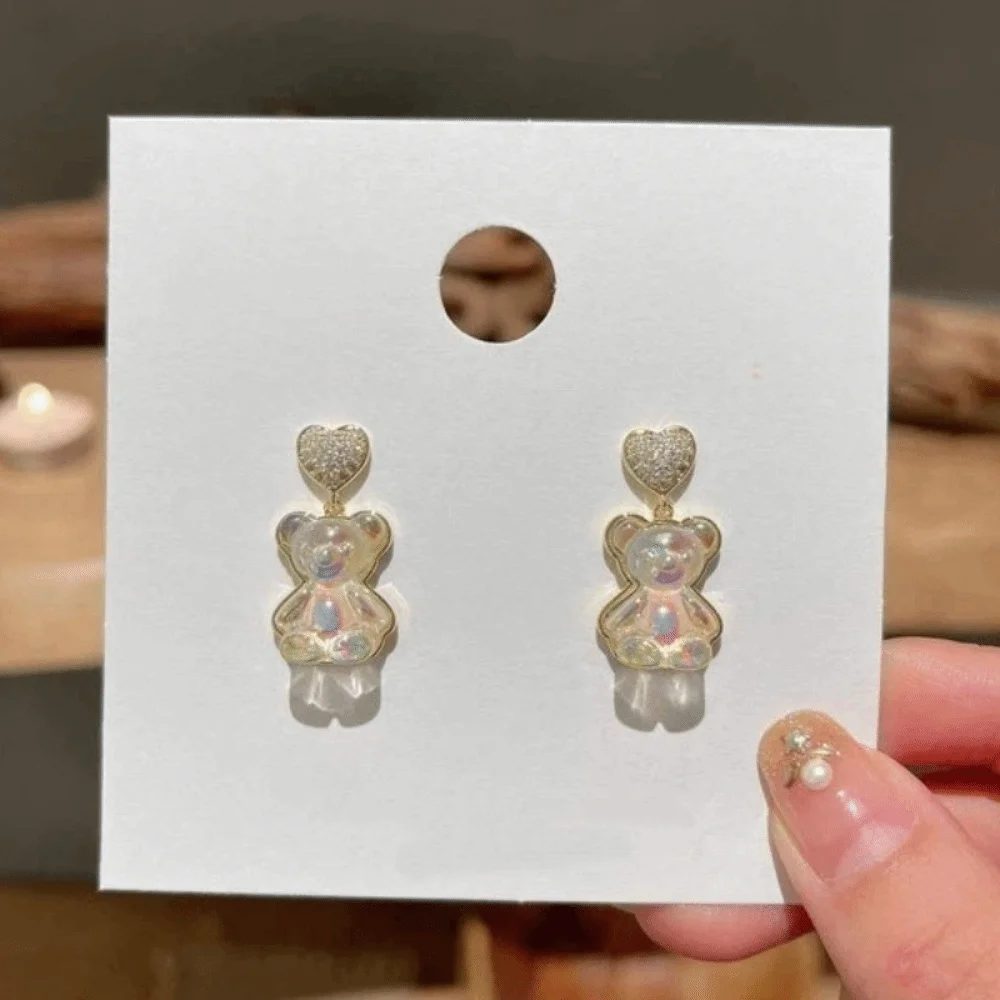 Romantic Sweet Little Bear Earrings Light Luxury Zircon Heart Shaped Stud Earrings Cute Elegant Korean Style Earrings Daily Wear