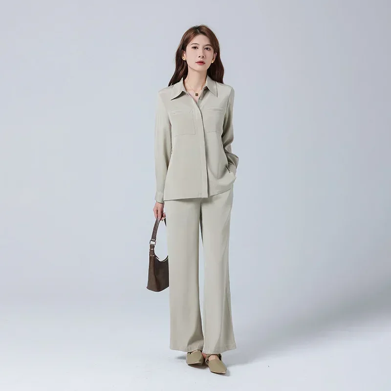 New Heavyweight Silk Shirt Pants Set for Women's Simple Mulberry Silk Shirt Long Sleeved Two Piece Sets Womens Outifits