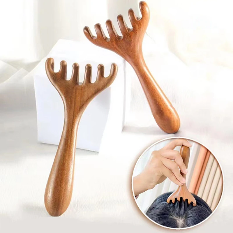 【Natural Wooden Wide Tooth Long Handle Comb Meridian Massage Anti-static Head Six Claw Massager Promote 】