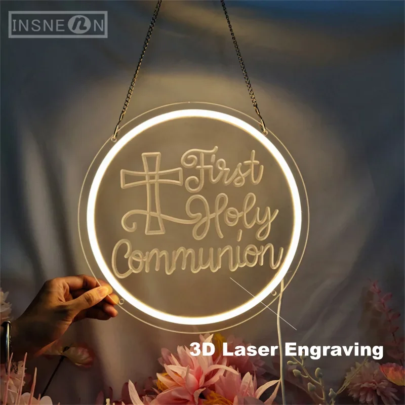 First Holy Communion Neon LED Sign, 3D Engraving, Wall Decor, Neon Lighting, Lights for Party, Home, Baptism Decoration