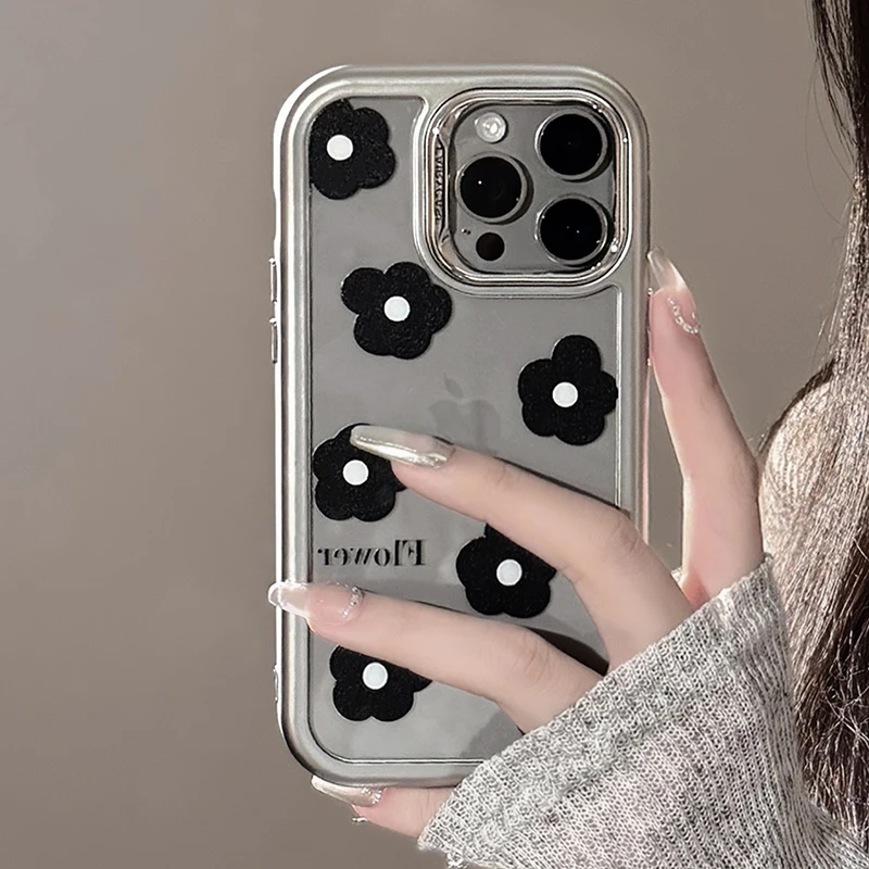 Korean Cute Black Flower Phone Case For Apple Phone 15 14 13 Pro Max Plating Silver Frame Anti Fall Lens Protection Covers Girls