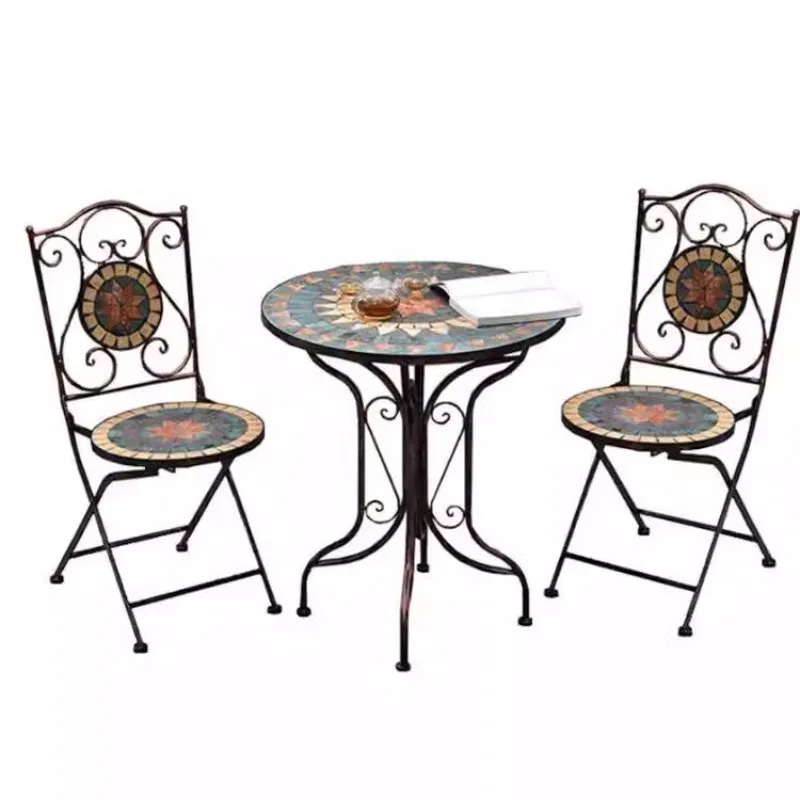 Outdoor garden balcony wrought iron mosaic puzzle table and chairs tea table three-piece set bar cafe retro nostalgia