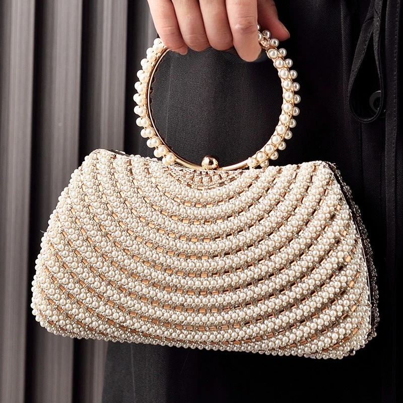 New pearl ring edge handheld dinner bag, elegant and fashionable wedding bag, party bag, clutch
