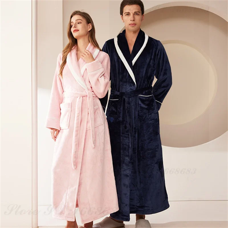 Large Size Autumn Winter Couple Sleepwear Flannel Men Long Robe Home Clothing Thicken Warm Coral Fleece Bathrobe Lounge Wear 3XL