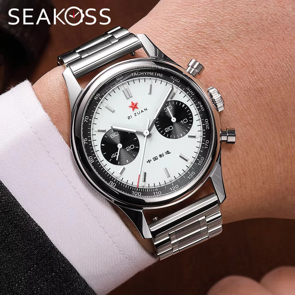 SEAKOSS 40mm Panda 1963 Men's Chronograph Watch Original ST1901 Seagull Movement Mechanical Pilots Luminous Waterproof Clocks