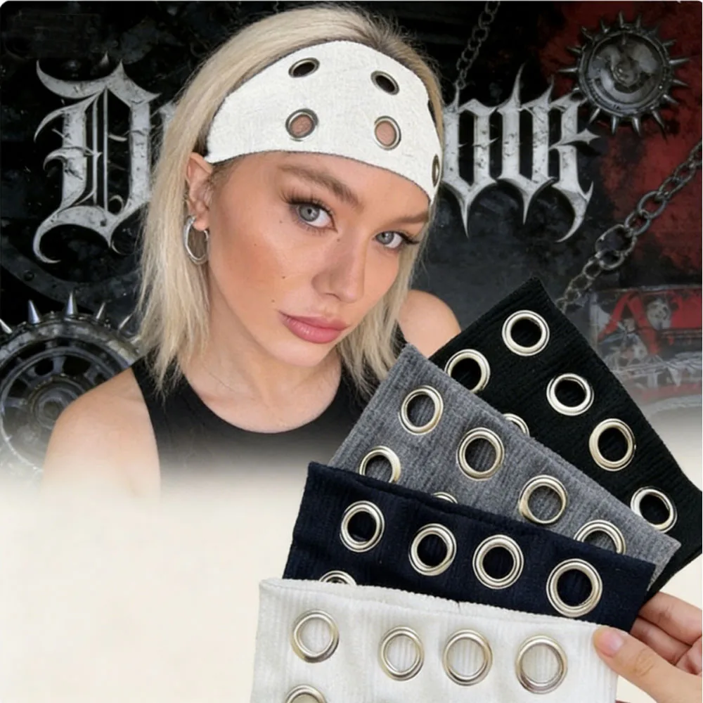 

Grommet Eyelet Knit Headband Set, Punk Wide Fabric Hair Bands, Cool Streetwear Hair Accessories for Women & Girls