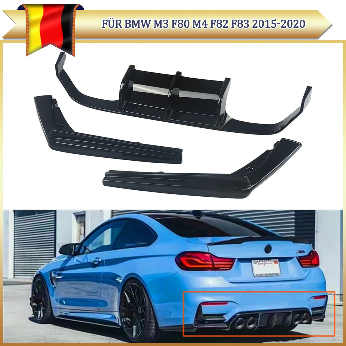 Image of MagicKit PSM Style 3-teiliger Heckdiffusor Spoiler Splitter Lippe Glänzend Schwarz für BMW F80 M3 F82 M4 2015-2020 Karosserie-Kits ABS