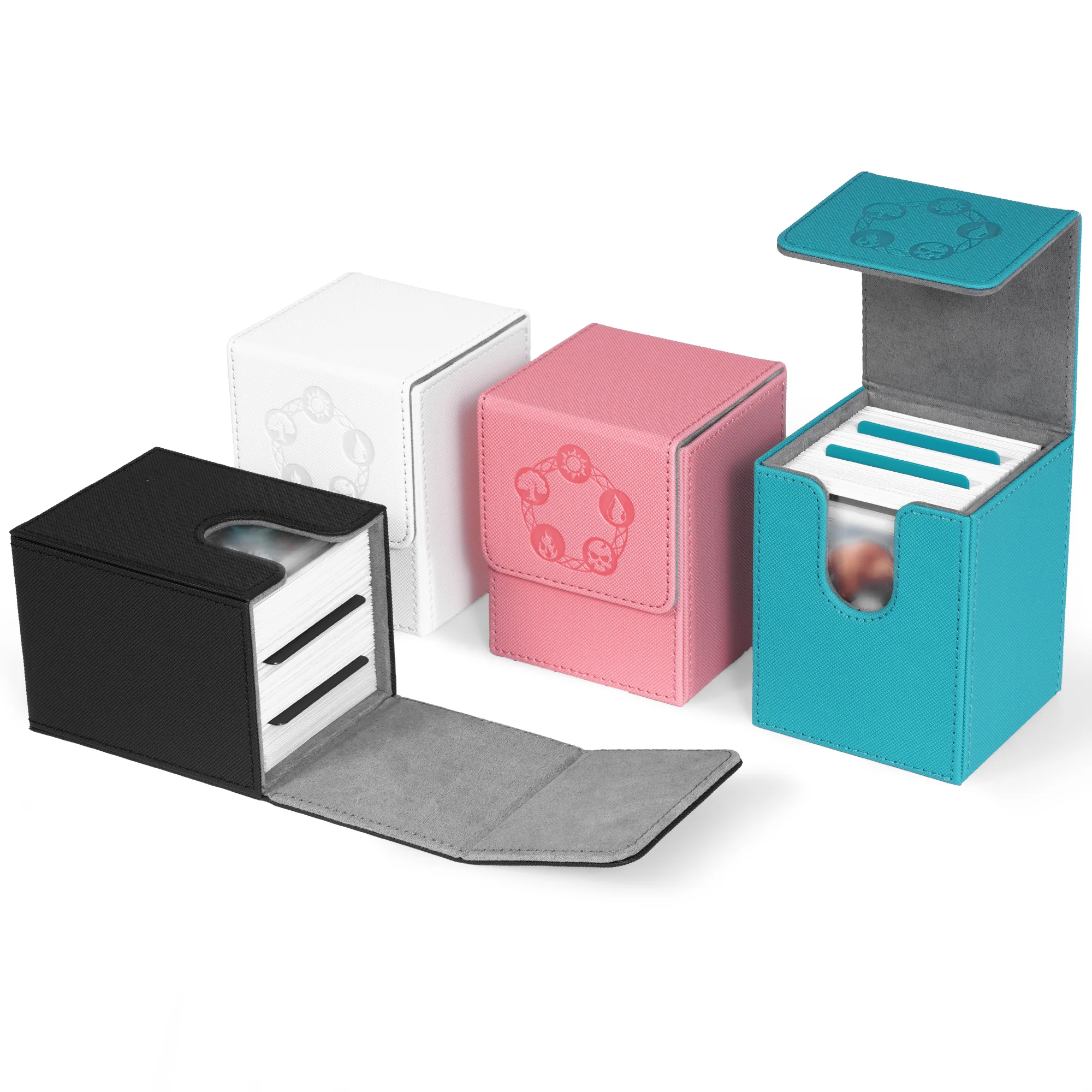 

4 pack Card Deck Box, Copyrighted Design，Fits 100+ Single Sleeved Cards, Closure PU Leather Card Box for TCG Cards