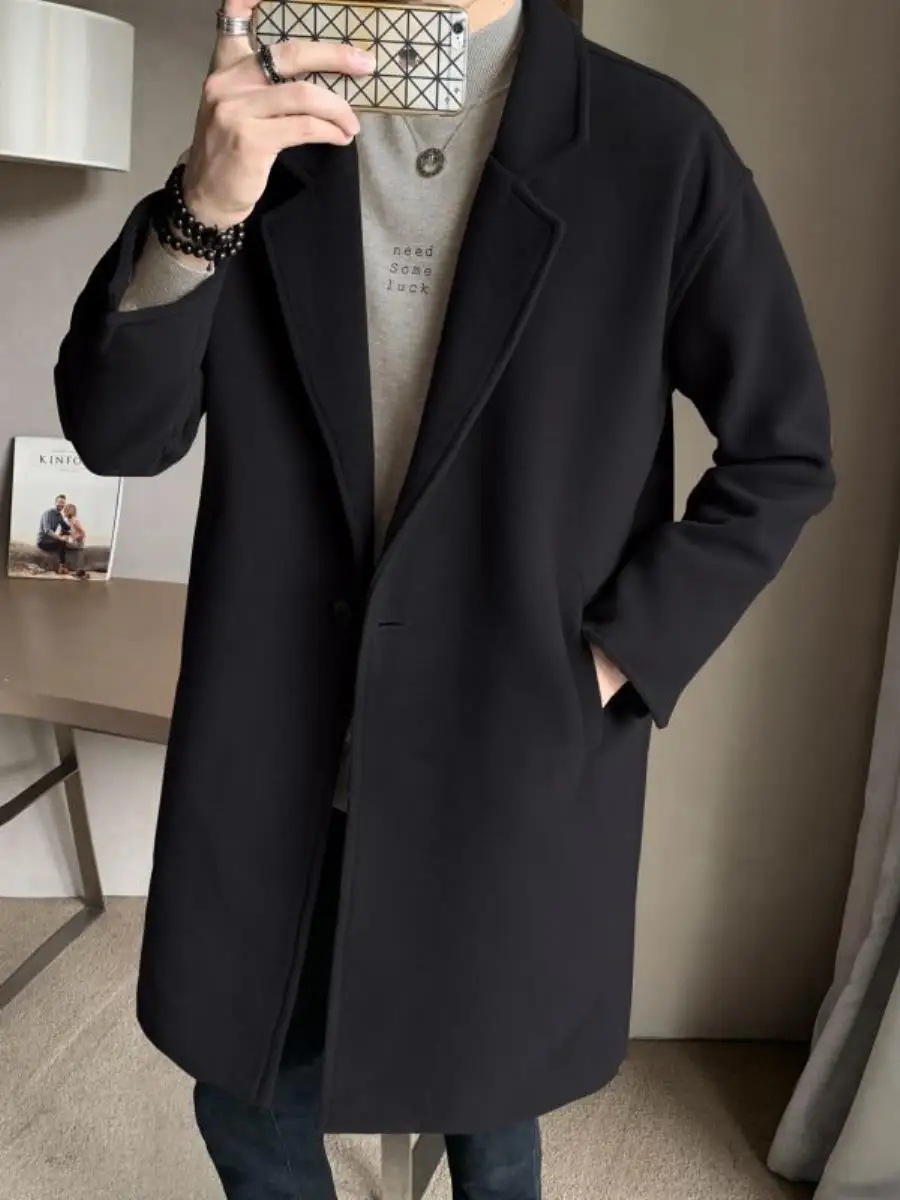 

Новое мужское шерстяное пальто 2025 года, осенне-зимнее, средней длины, свободного кроя, в корейском стиле, ветрозащитное, теплое, морозостойкое