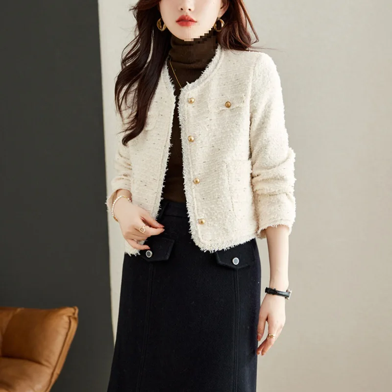 New Temperament Coarse Tweed Short Style Fragrant Jacket Fall Winter Women Pink Coats