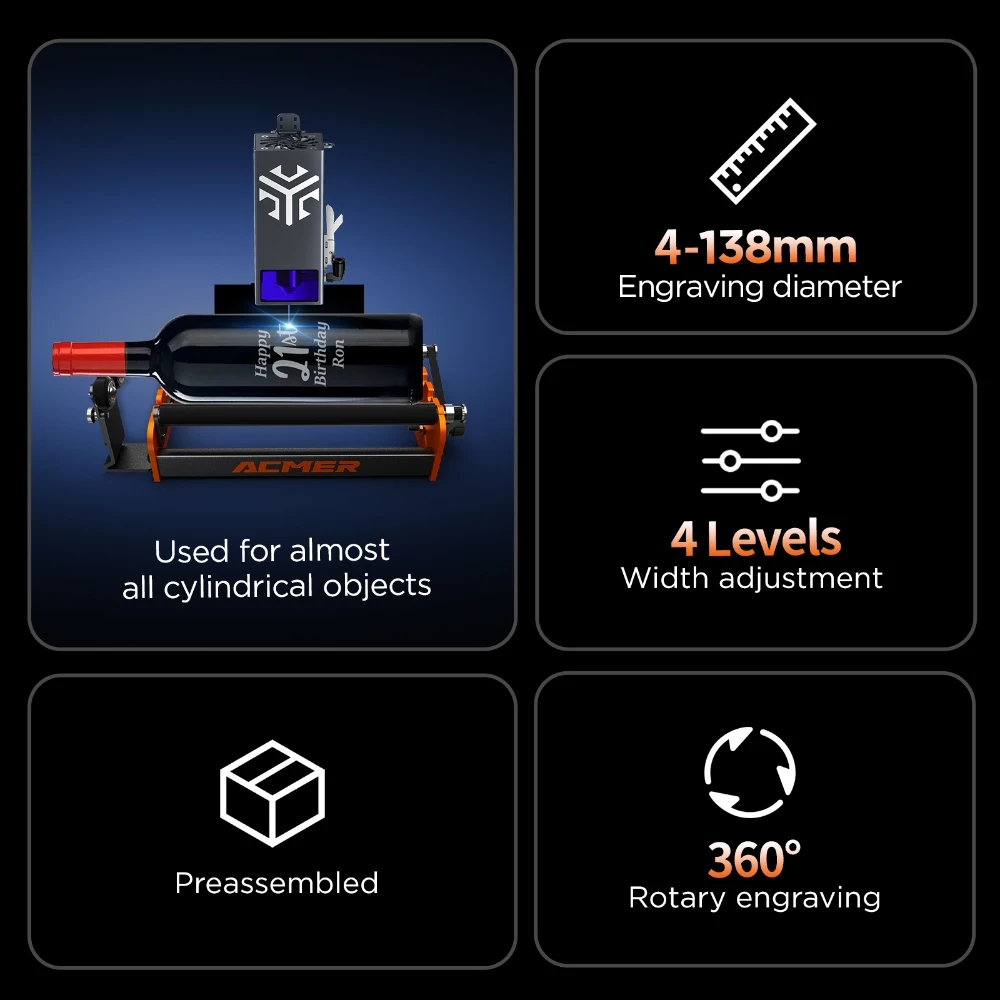 ACMER M2 Laser Rotary Roller Y-axis 360° Rotary moudle Laser Cutting Engraving For Cylindrical Objects 4-138mm Accessories