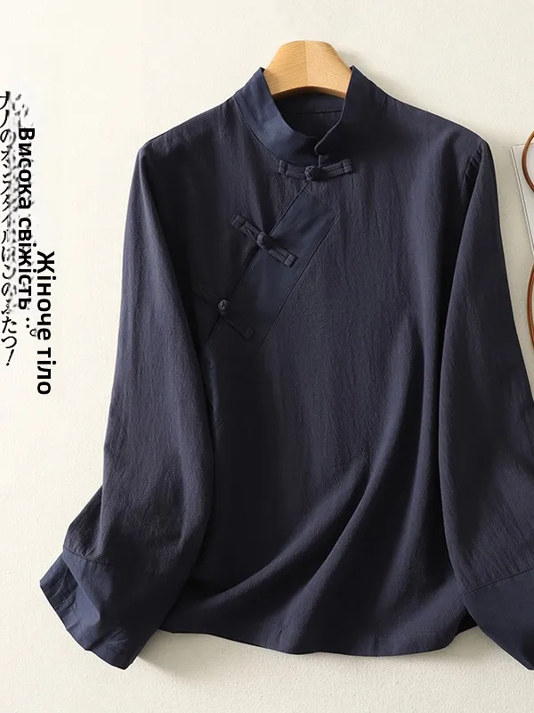 

New Chinese Zen Style Long Sleeve Shirt Loose Large Size Stand Collar Button up Women's Inner Wear Top Casual Daily Outfit