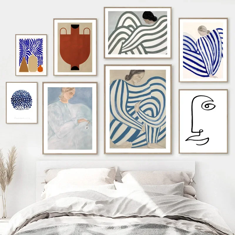 

Nordic Poster Abstract Curvy Lines Stripes Girl Face Vase Canvas Painting Wall Art Prints Decoration Pictures For Living Room