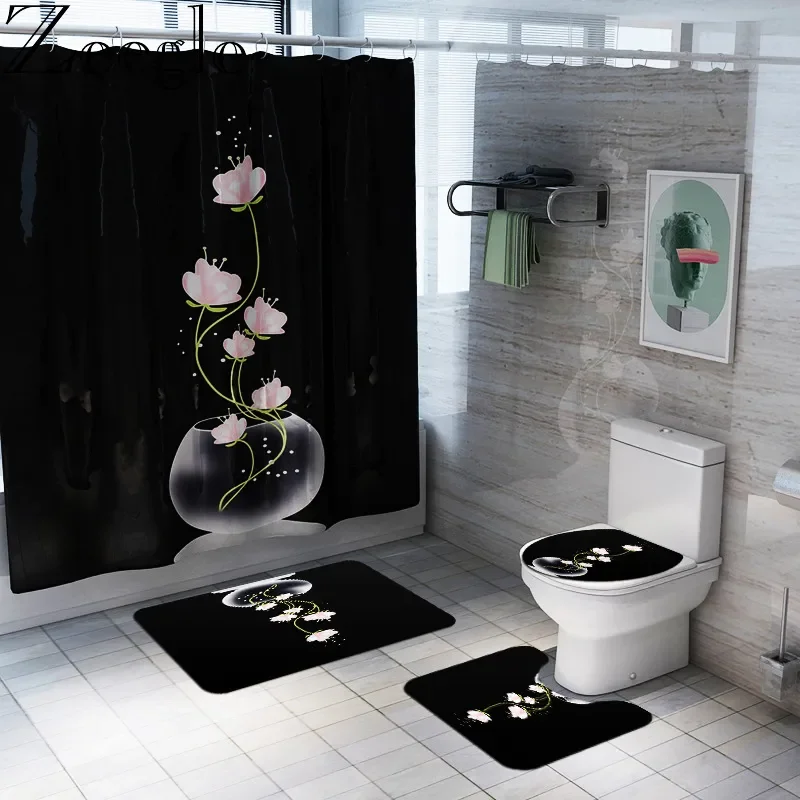 4 Pcs Rose Butterfly Shower Curtain Set Waterproof Fabric Bath Curtain Floral Non-Slip Bath Mat Toilet Lid Cover Decor