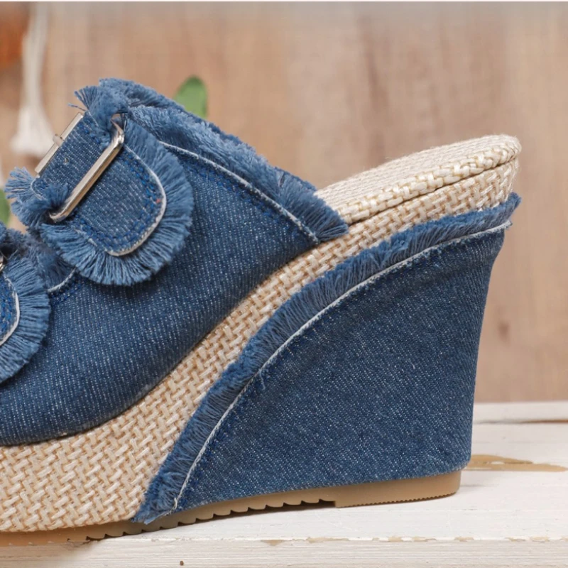 Thick Soled Slippers for Women Summer Chain Denim Chunky Heel Fashion Cross Slides Open Toe Outdoor Beach Woman Walking Slides