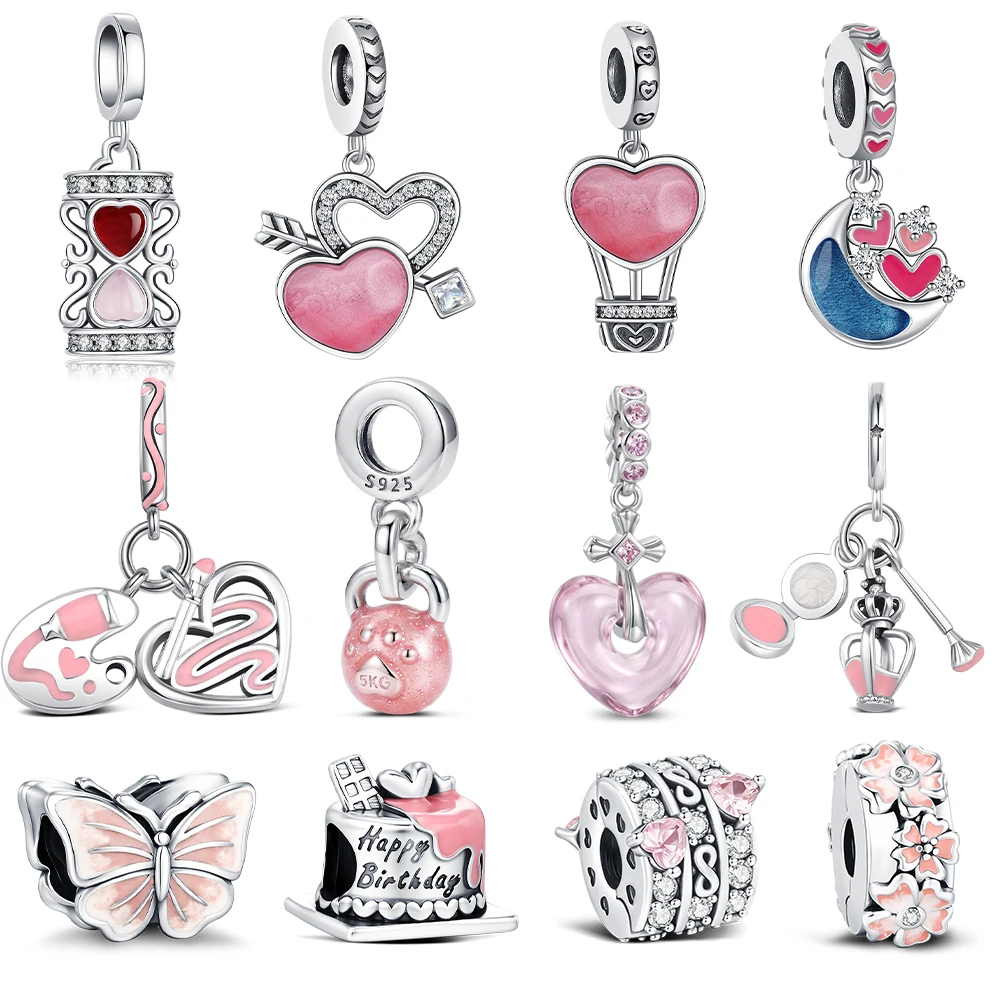 925 Sterling Silver Pink Theme Charms Pendant Fits Original Bracelets DIY Jewelry Sweet Graduation Trip Gifts For Women